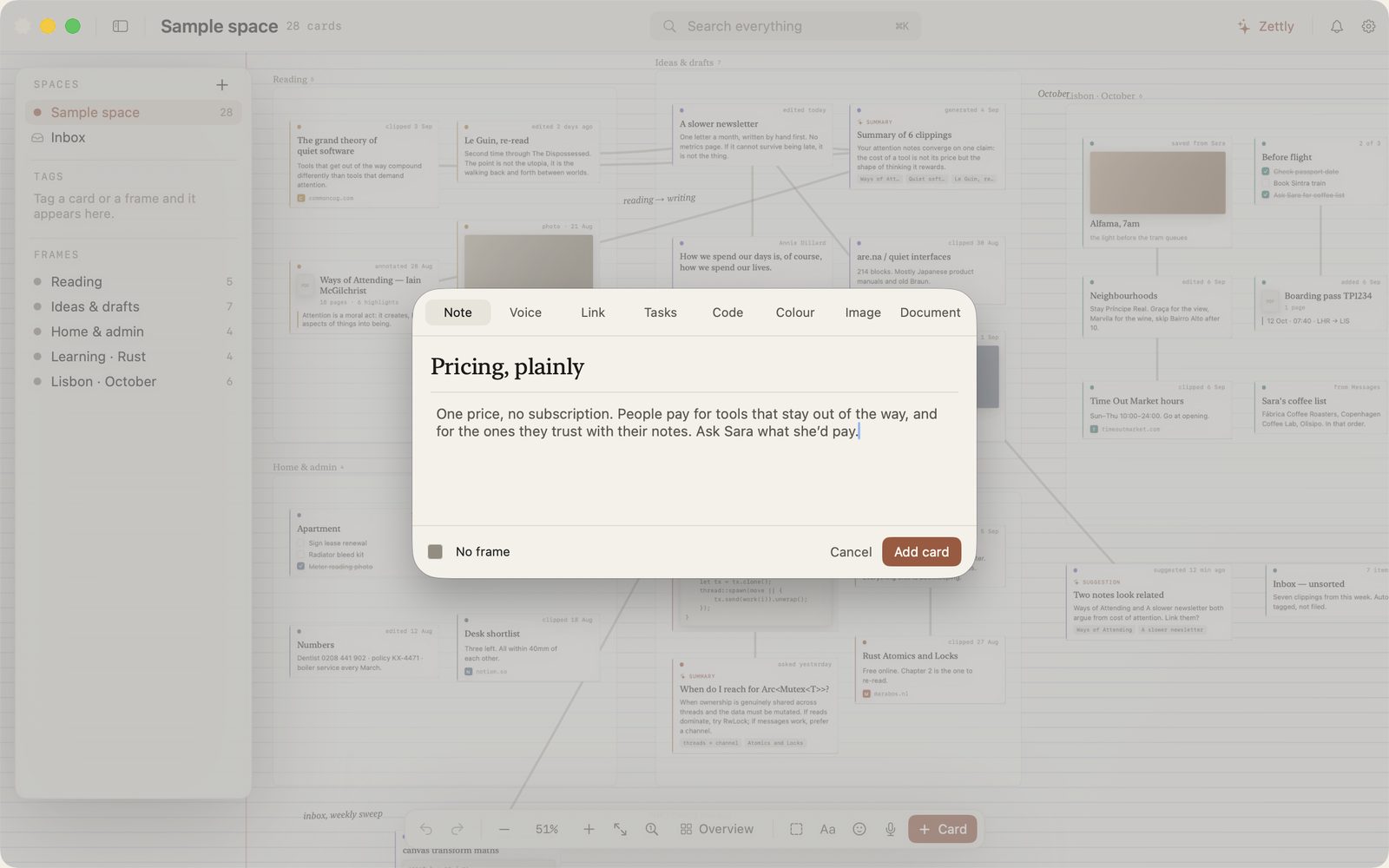 The new-card sheet over the board, with a note titled ‘Pricing, plainly’ being written.