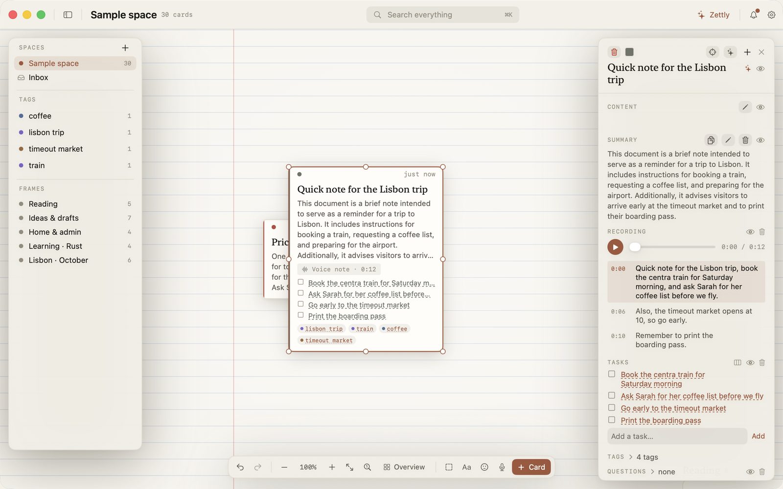 A voice note card about a Lisbon trip, with its transcript, a play button, four to-dos and four tags shown in the Inspector.