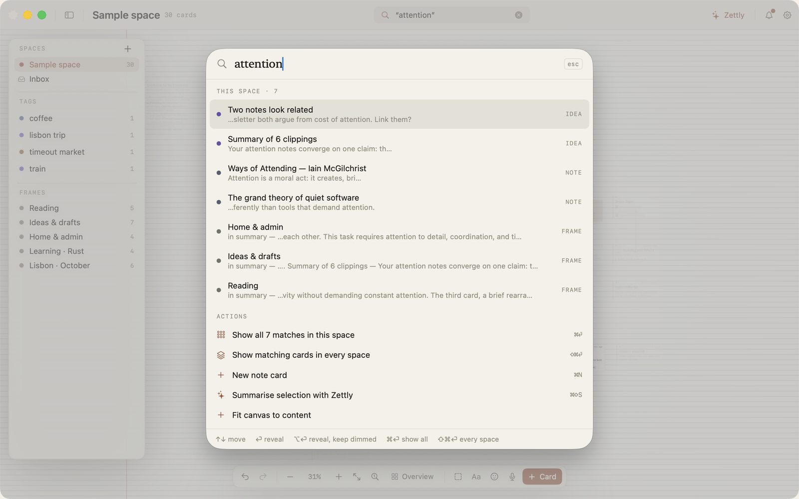The search palette open with the query ‘attention’, listing seven matching cards and frames, and actions below.