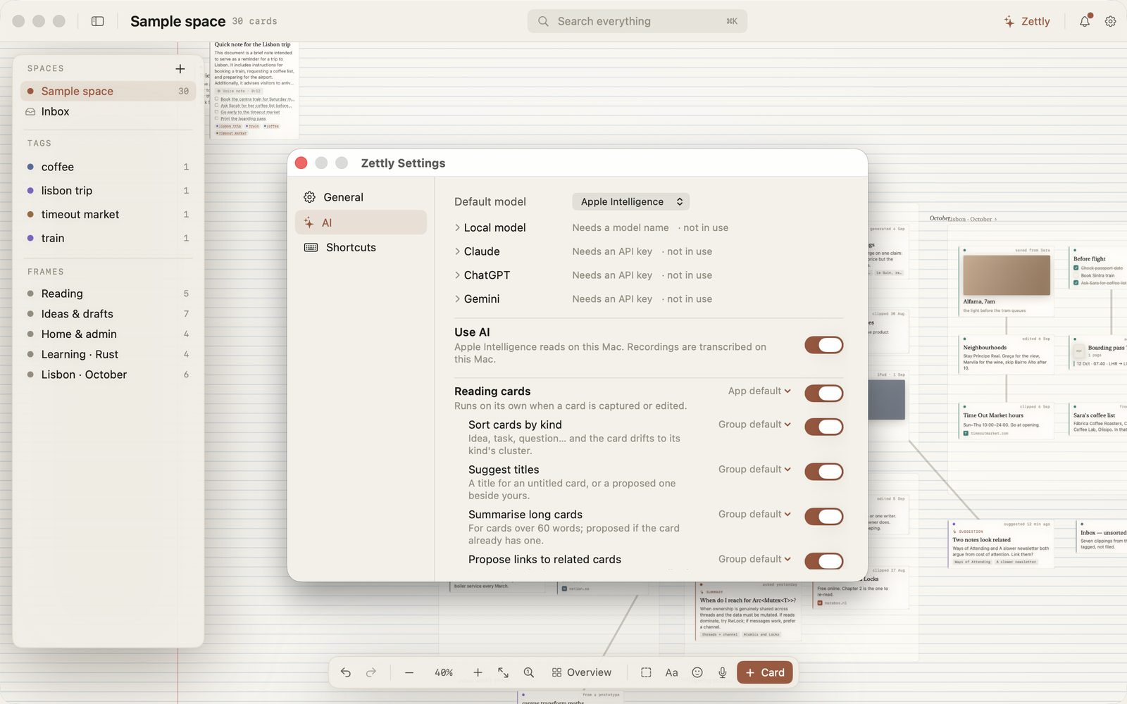 Settings, AI tab: Apple Intelligence chosen as the default model, with Local model, Claude, ChatGPT and Gemini listed, and a switch for each AI feature.